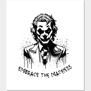 Embrace the Madness Clown, Dark Villainous Style Design, Monochrome Graphic Art, Bold Statement Piece, Unique Series Fan Gift, Eccentric Character, Dramatic Illustration Posters and Art